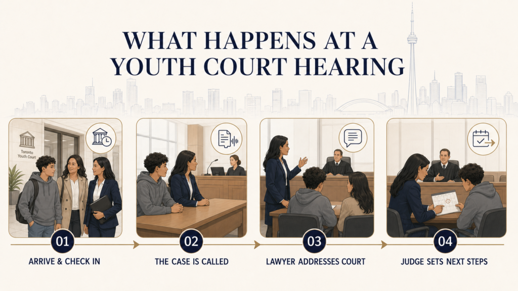 Youth court hearing process in Toronto showing arrival, the case being called, a lawyer addressing the court, and the judge setting next steps.